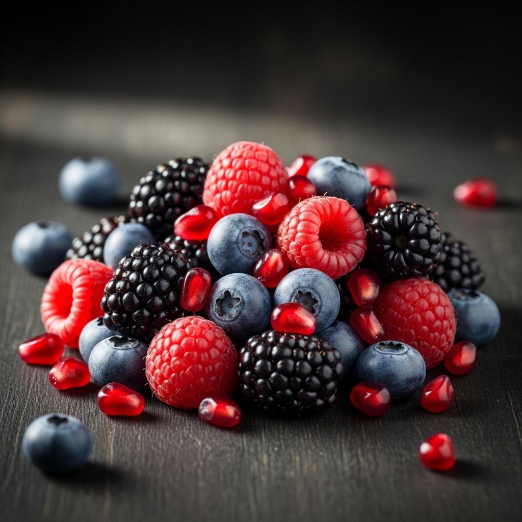 Vibrant arrangement of mixed berries including blueberries, raspberries, and blackberries with pomegranate seeds on a dark background with natural light highlighting their rich deep colours and textures