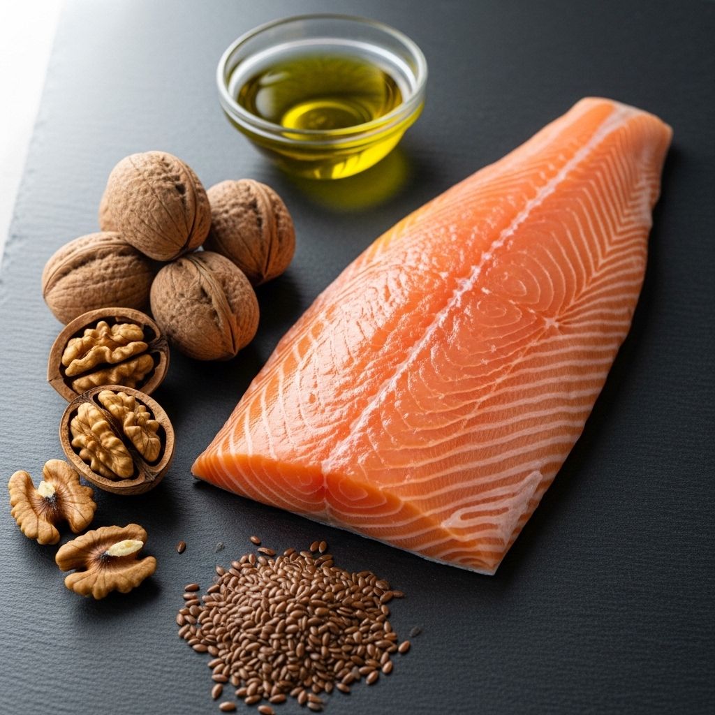 Fresh Atlantic salmon fillet with visible pink flesh on a slate board alongside whole walnuts, flaxseeds and a small glass bowl of olive oil in soft natural lighting, representing omega-3 fatty acid sources