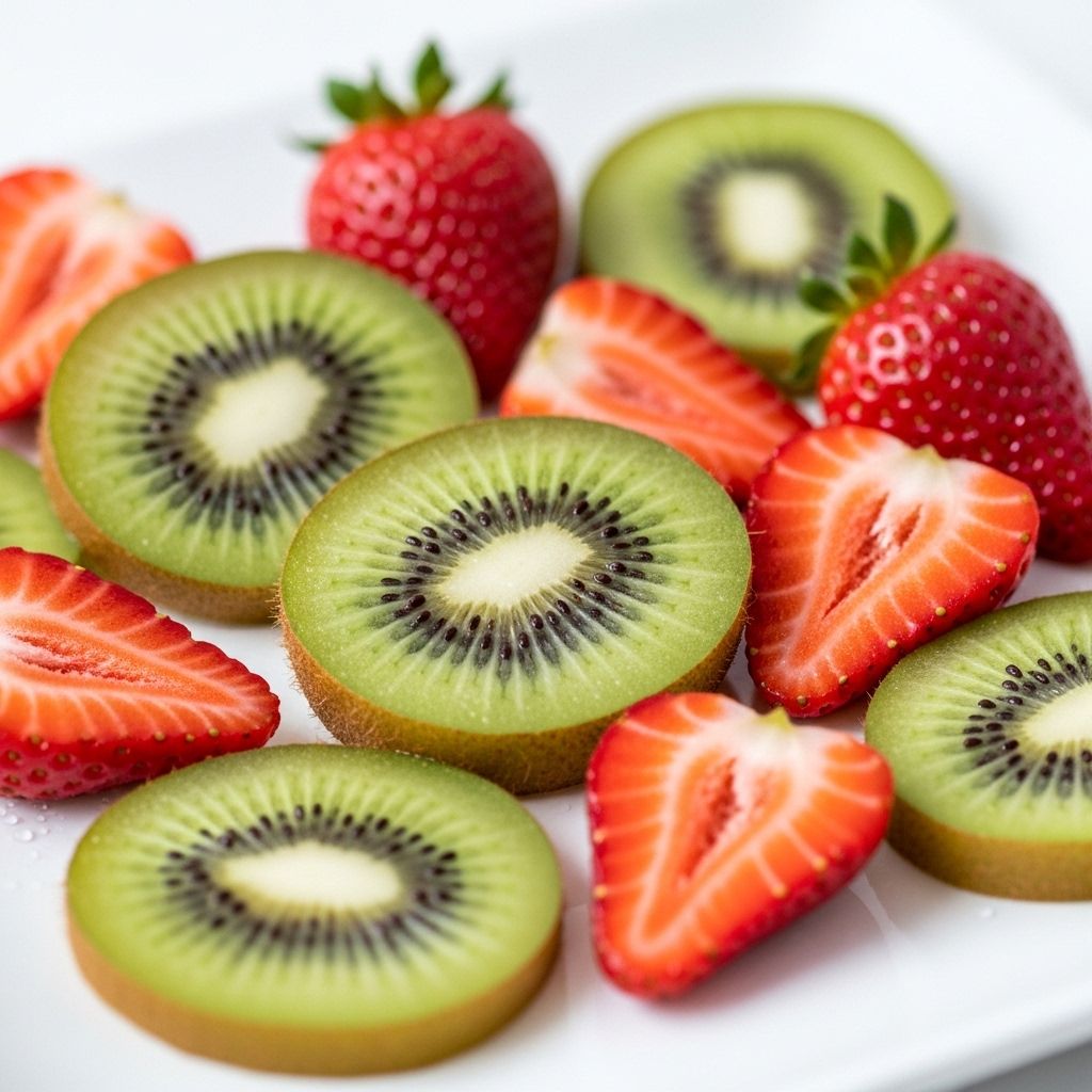 Fresh sliced kiwi fruits and strawberries on a clean white surface with vibrant green and red colours and water droplets, illustrating natural vitamin C rich produce
